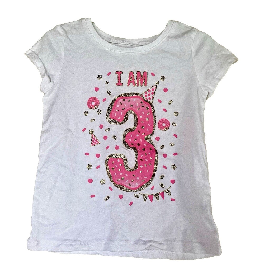 The Children's Place Girl's "I Am 3" Birthday T-Shirt White Pink -Size 4 Toddler